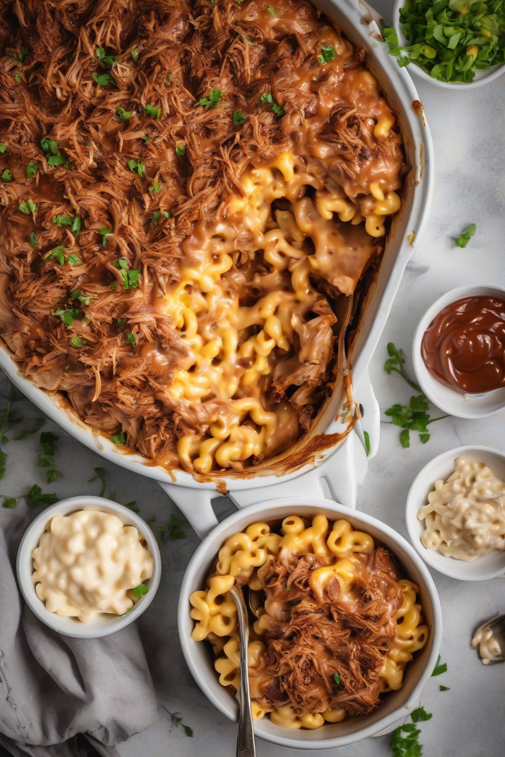 A high-resolution photo of BBQ pulled pork crockpot mac and cheese drizzled with extra sauce, under soft lighting.