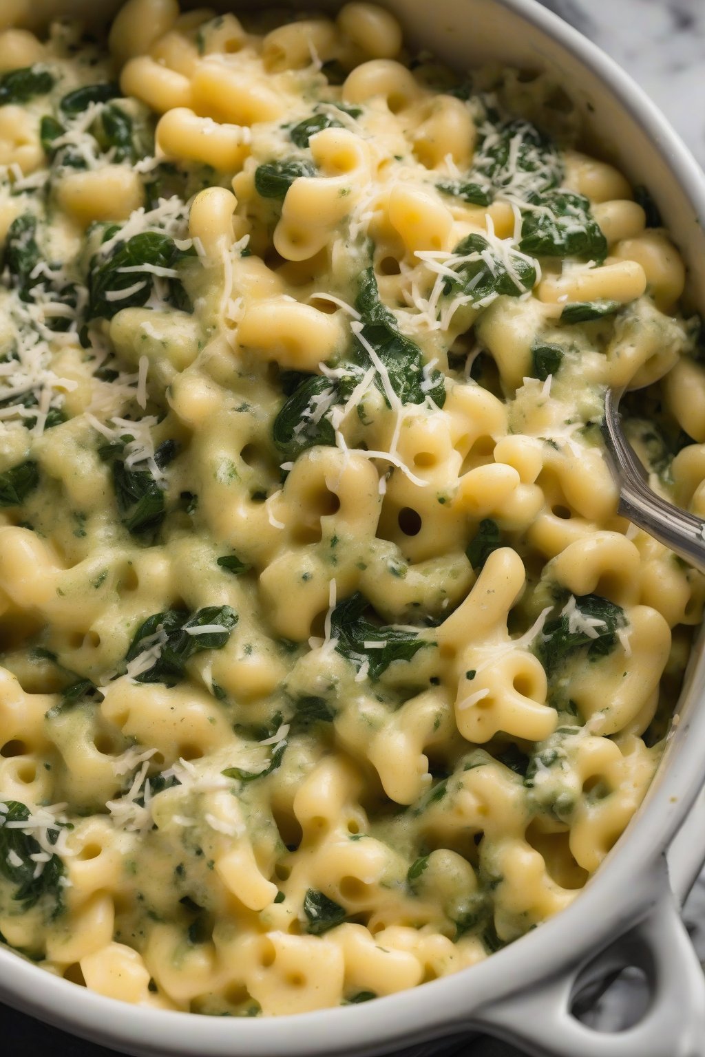 A high-resolution photo of pesto spinach crockpot mac and cheese with green flecks and parmesan shavings, under soft lighting.