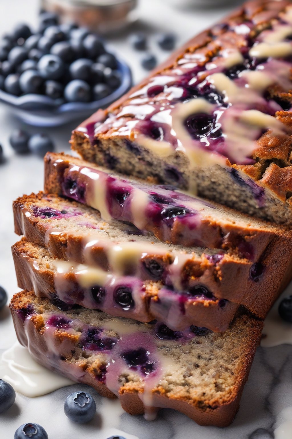 A high-resolution photo of blueberry banana bread slice revealing juicy berries inside, drizzled with glaze, under soft lighting.