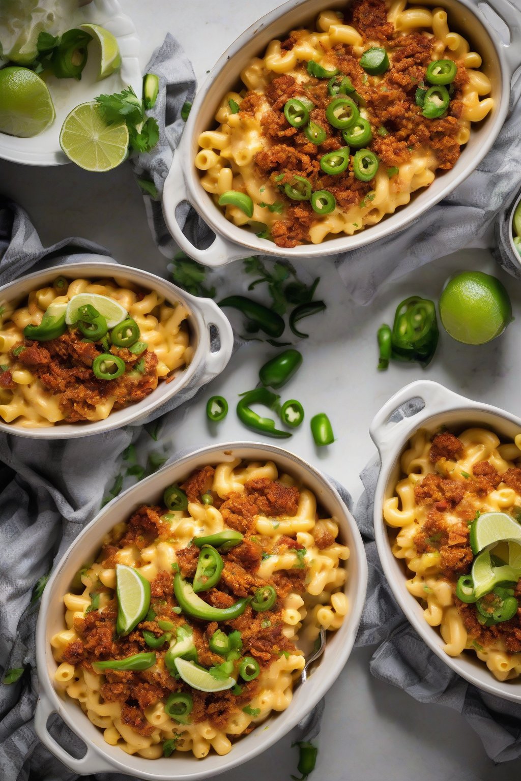 A high-resolution photo of Mexican chorizo crockpot mac and cheese topped with jalapeños and lime, under soft lighting.