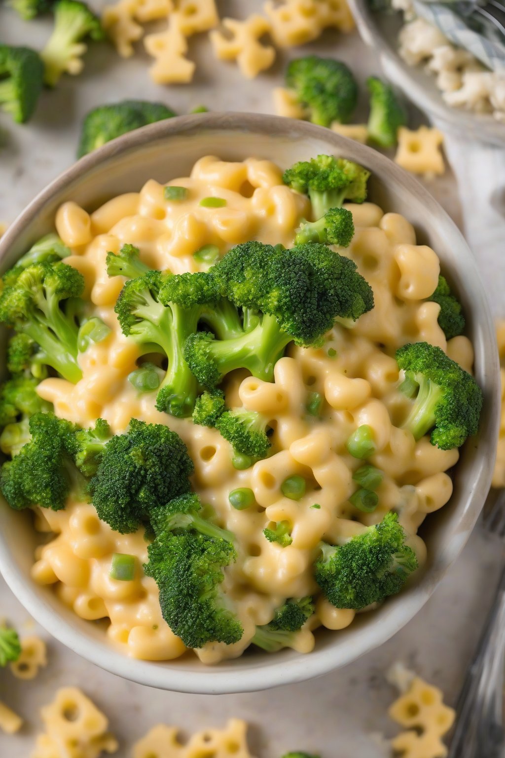 A high-resolution photo of broccoli cheddar crockpot mac and cheese with vibrant green broccoli bits, under soft lighting.