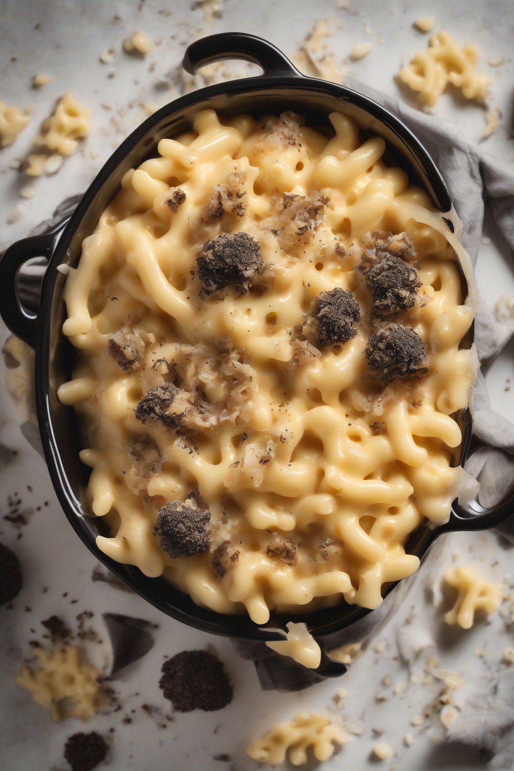 A high-resolution photo of truffle-infused crockpot mac and cheese garnished with truffle shavings, under soft lighting.