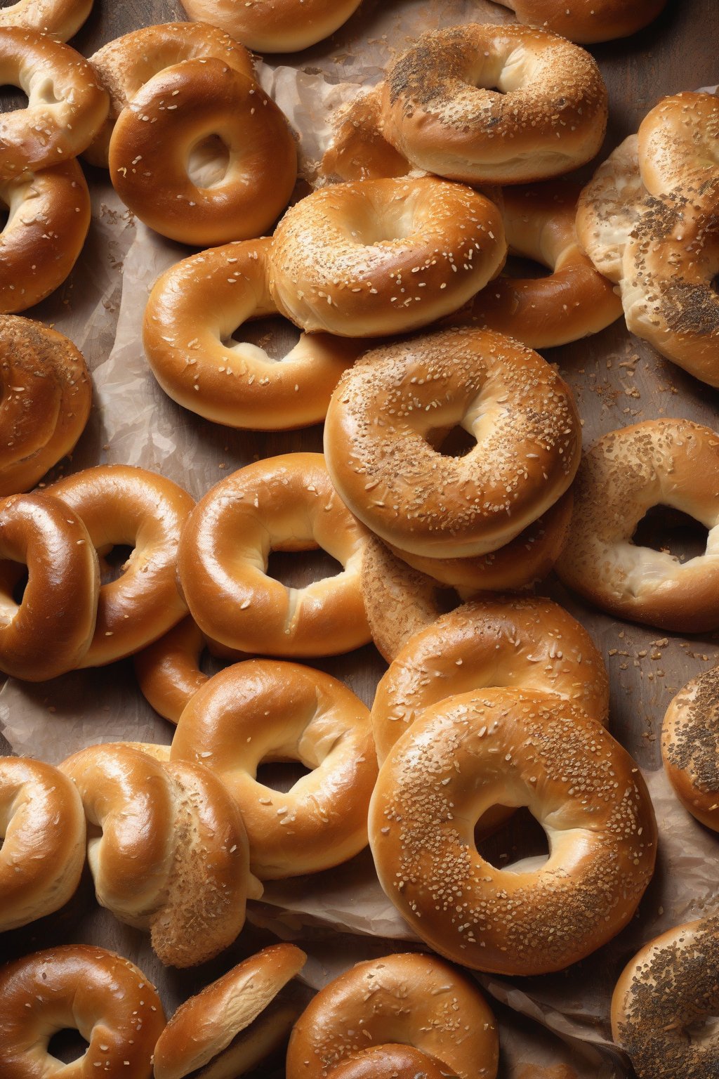 A high-resolution photo of golden, shiny classic plain bagels on a wooden board, steam rising, under soft lighting.