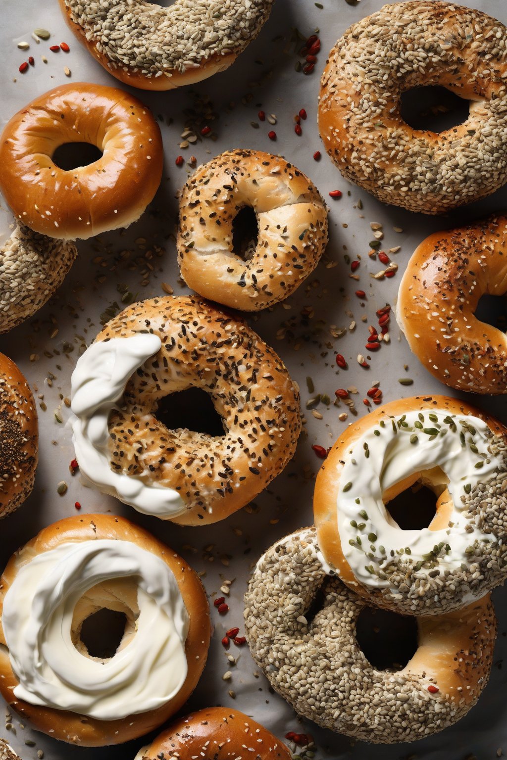 A high-resolution photo of everything bagels topped with seeds and spices, sliced open with cream cheese, under soft lighting.
