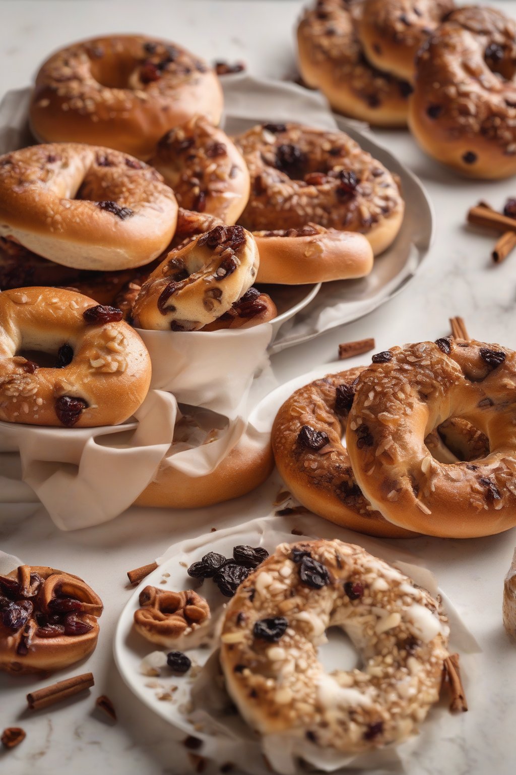A high-resolution photo of cinnamon raisin bagels with swirling spice, raisins peeking out, on a white plate, under soft lighting.