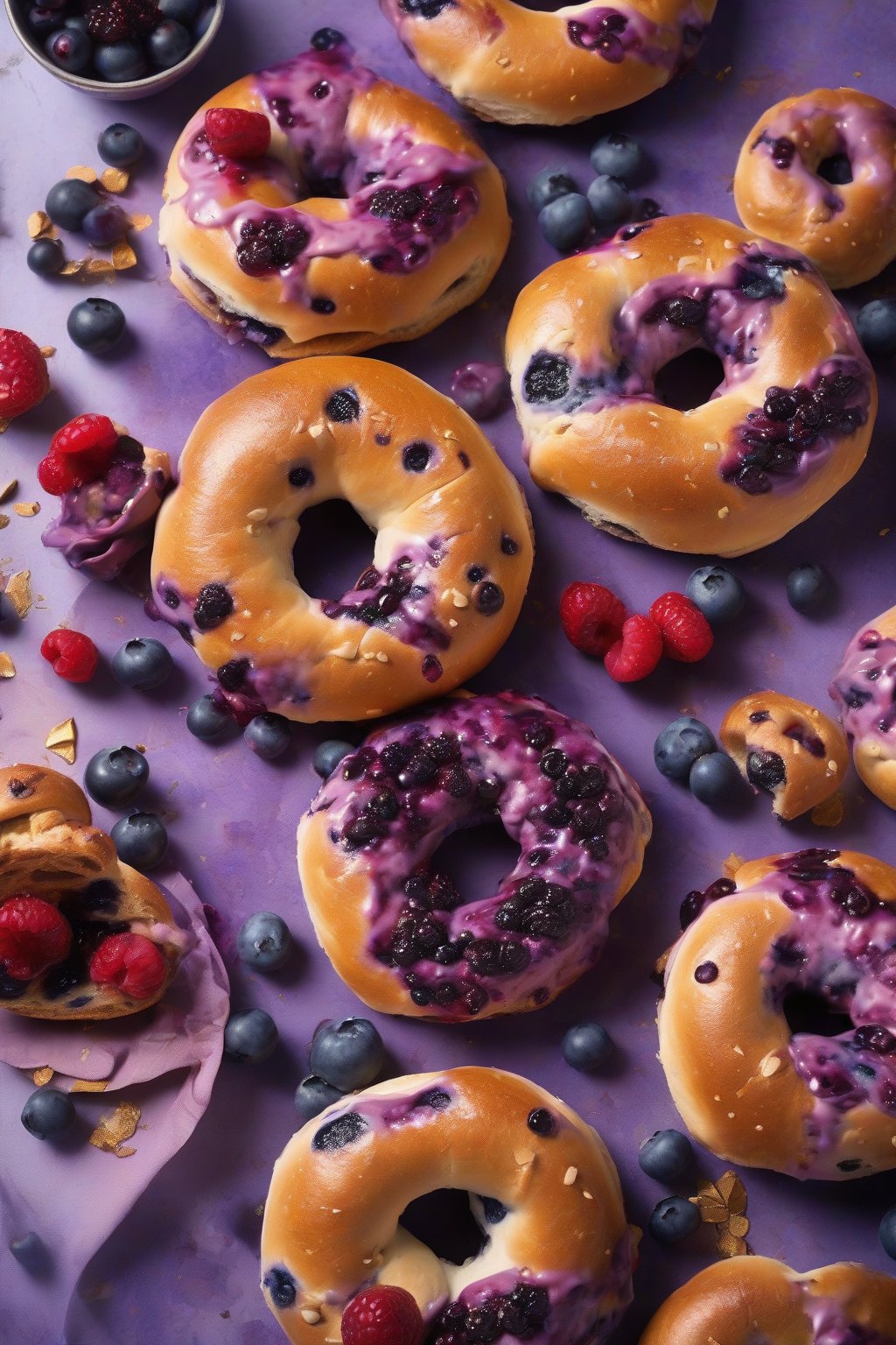 A high-resolution photo of vibrant blueberry bagels, purple flecks in golden dough, fresh berries scattered around, under soft lighting.