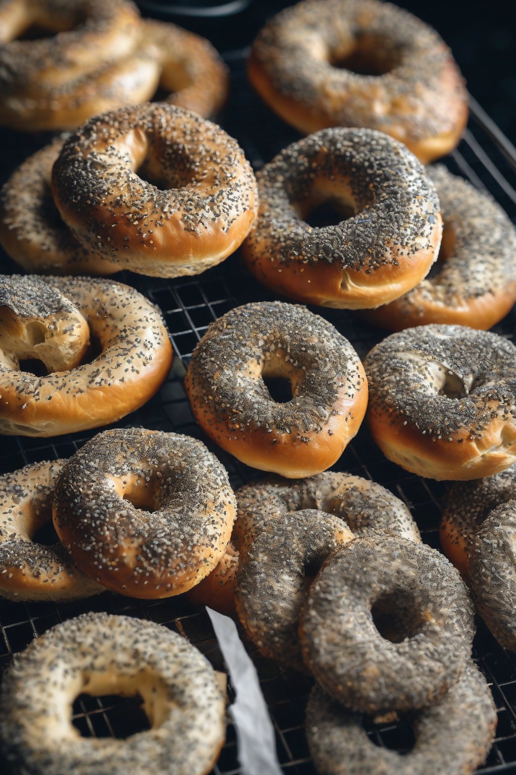 A high-resolution photo of poppy seed bagels densely coated, close-up texture on a cooling rack, under soft lighting.