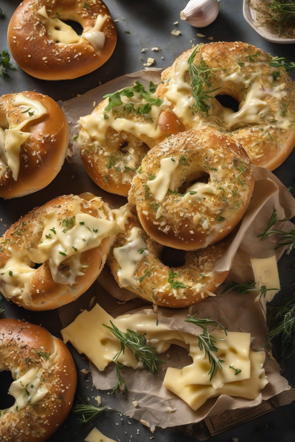 A high-resolution photo of garlic parmesan bagels with golden cheese melt, herbs garnish, under soft lighting.