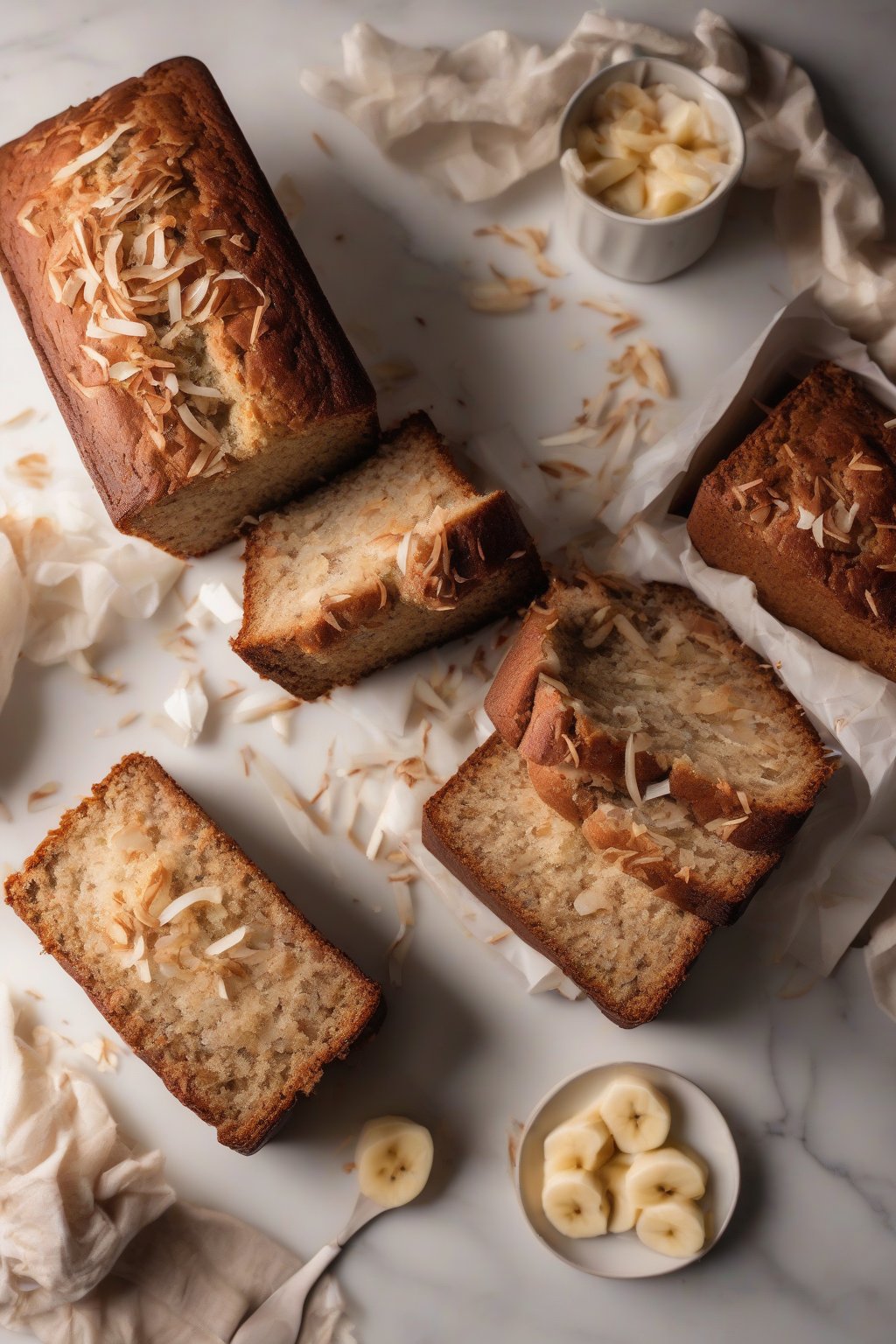 A high-resolution photo of coconut banana bread with toasted shreds on top and fluffy interior, under soft lighting.