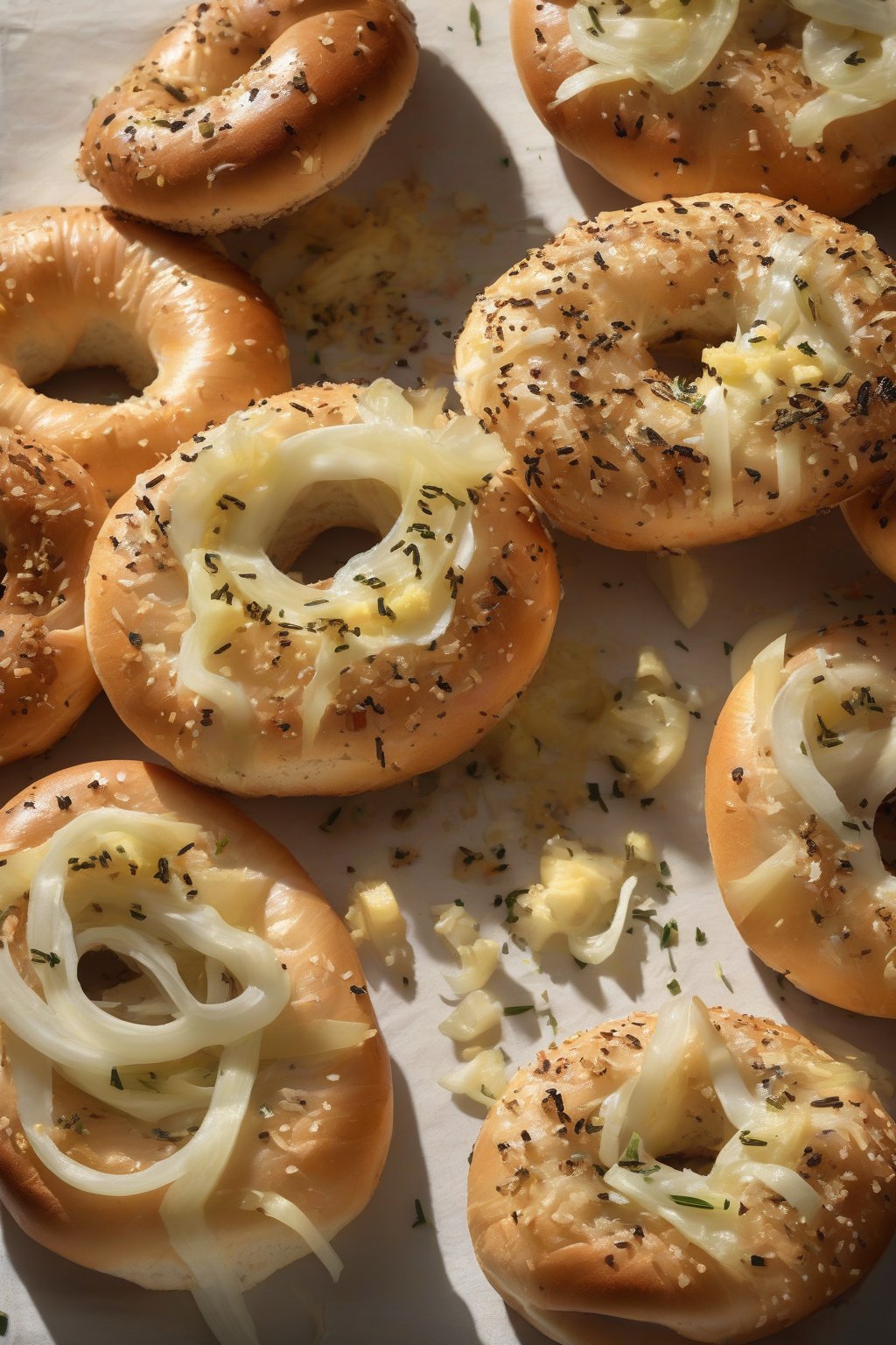 A high-resolution photo of onion bagels with crispy bits, sliced with butter, steam visible, under soft lighting.