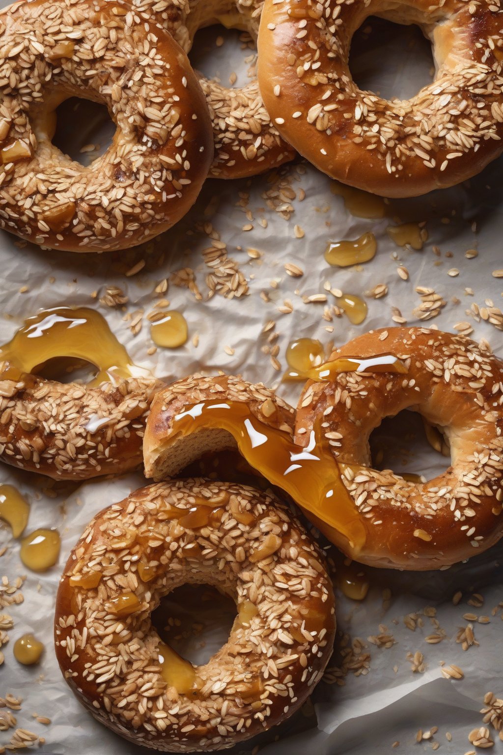 A high-resolution photo of rustic whole wheat honey bagels, honey drizzle, oats sprinkled, under soft lighting.