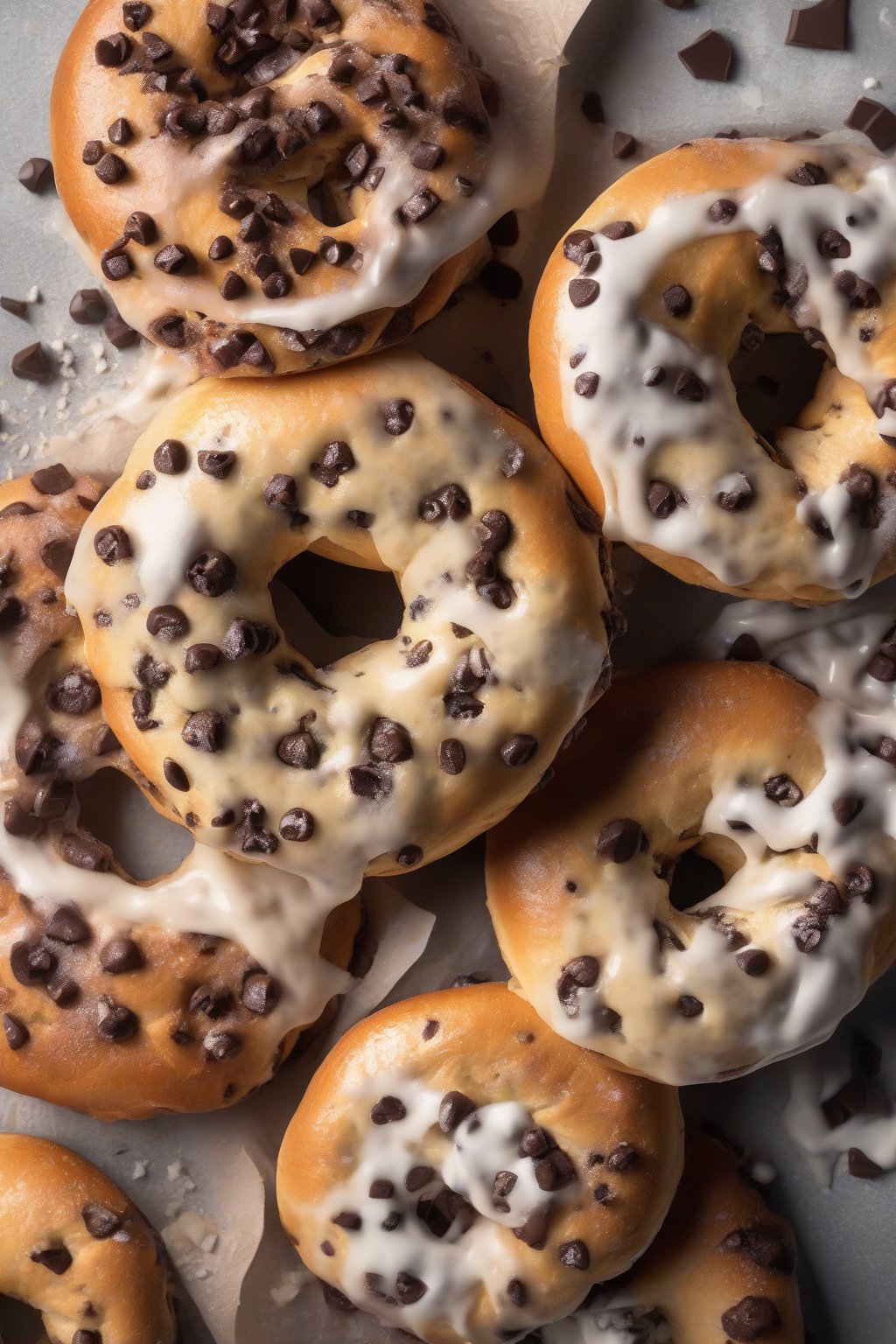 A high-resolution photo of chocolate chip bagels with melty chips oozing, powdered sugar dust, under soft lighting.