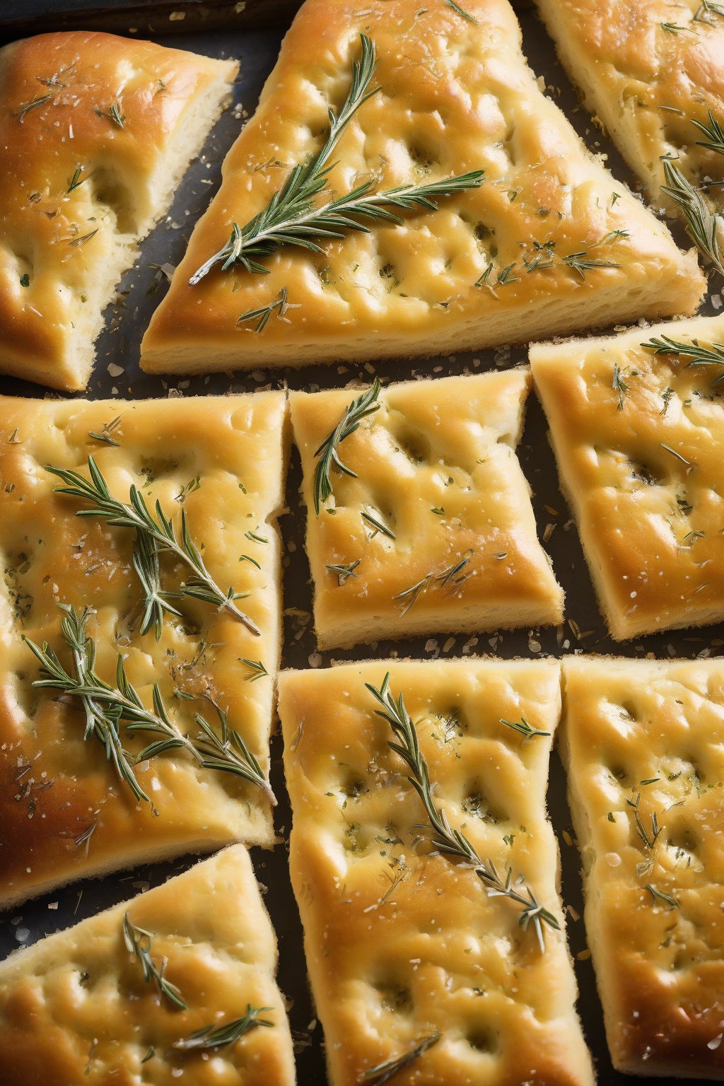 A high-resolution photo of golden rosemary focaccia with dimples glistening in olive oil and sea salt crystals, under soft lighting.