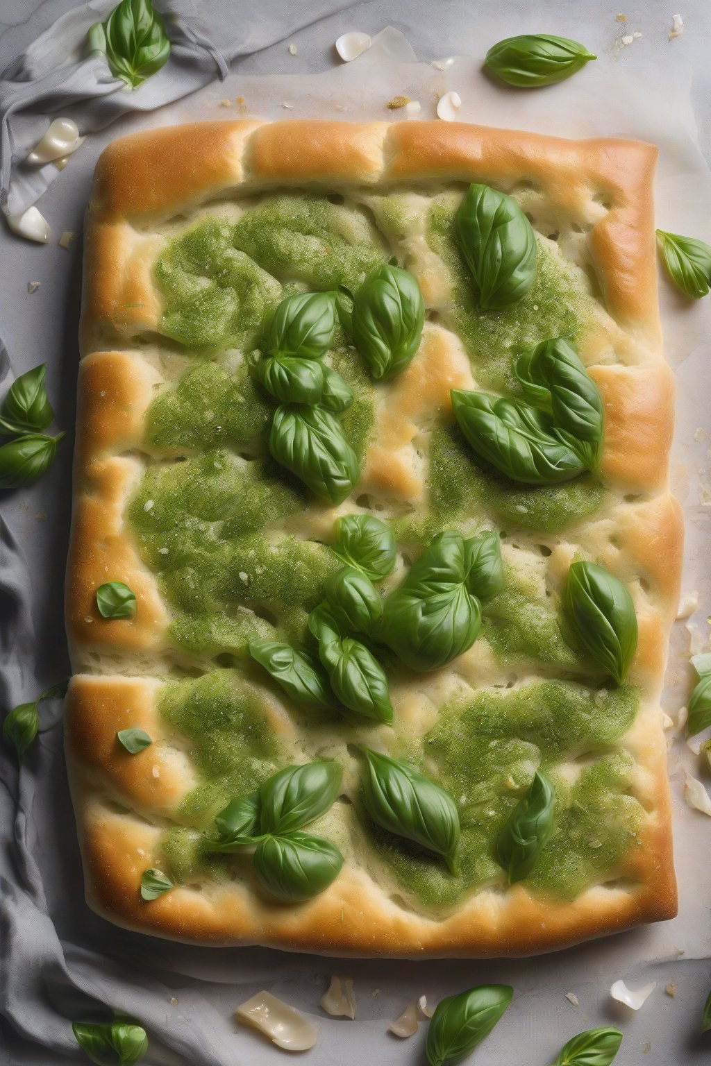 A high-resolution photo of vibrant green basil and garlic focaccia, steam rising from fresh dimples, under soft lighting.