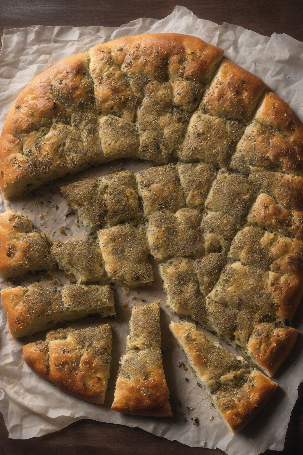 A high-resolution photo of olive-studded oregano focaccia with herby crust, under soft lighting.