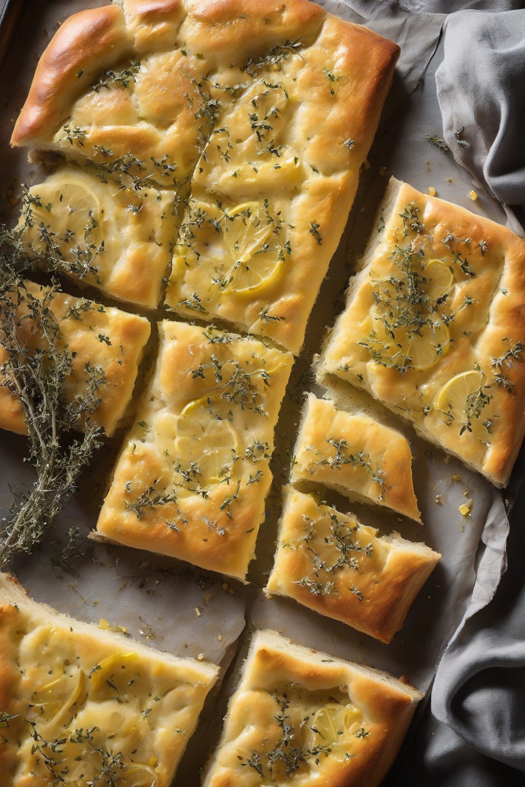 A high-resolution photo of lemon-zested thyme focaccia, bright and aromatic, under soft lighting.