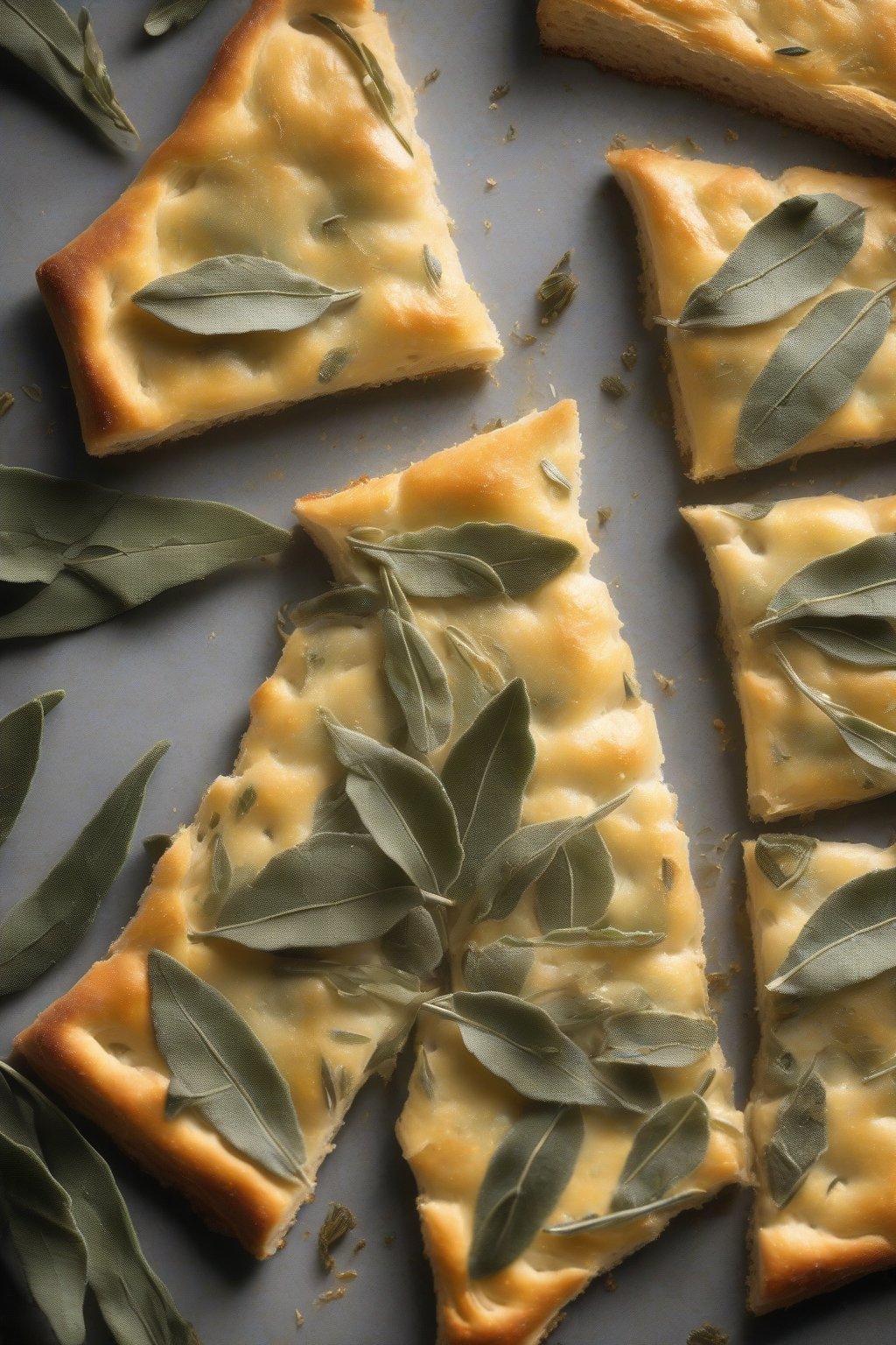 A high-resolution photo of crispy sage leaves atop golden focaccia, buttery sheen, under soft lighting.