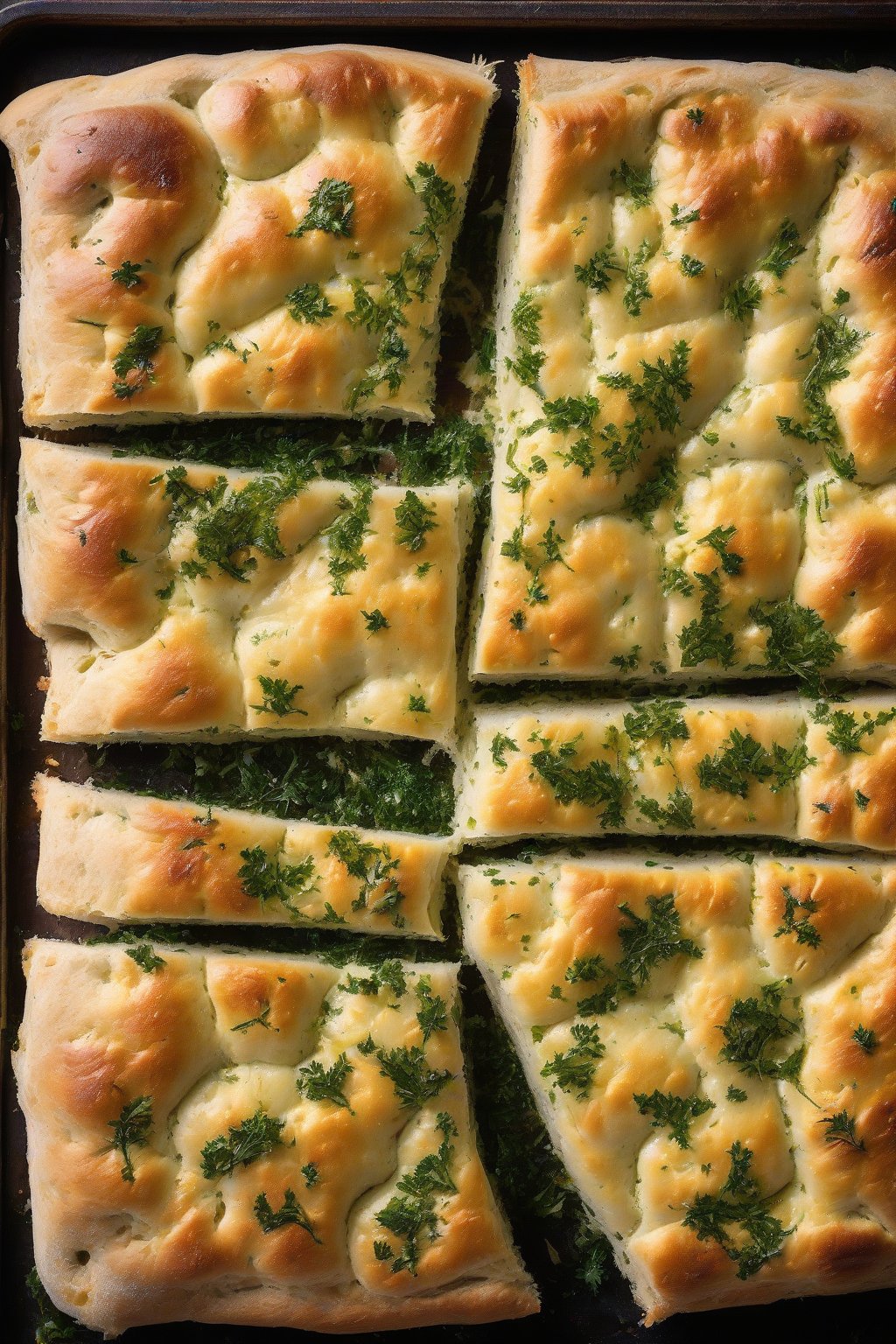 A high-resolution photo of cheesy parsley focaccia with melted Parmesan edges, under soft lighting.