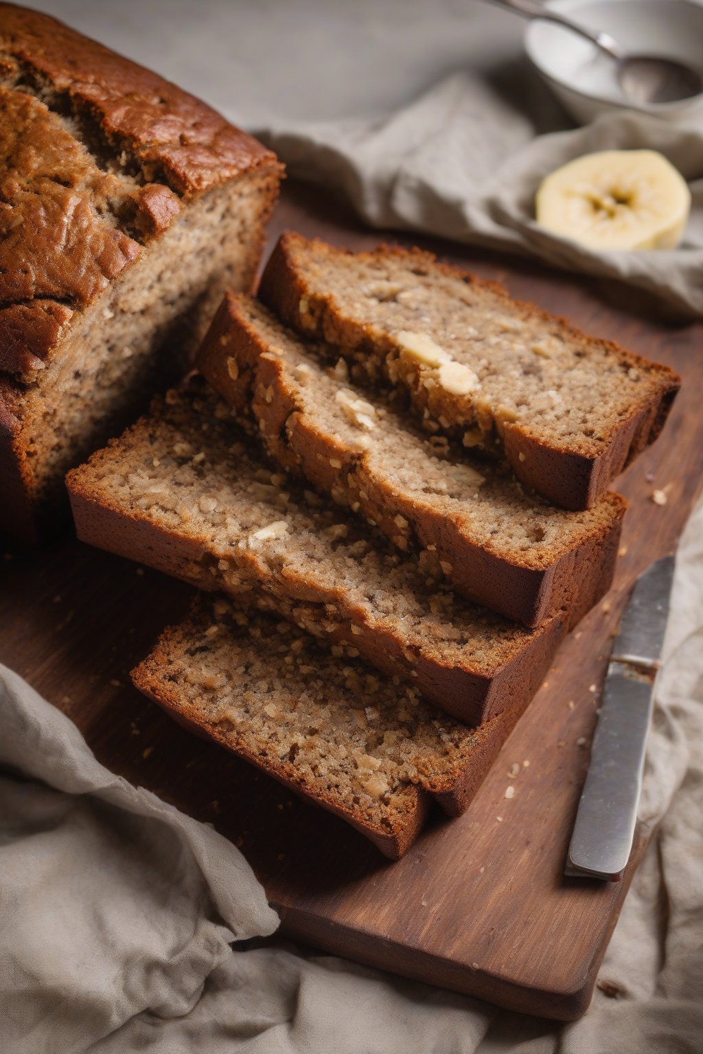 A high-resolution photo of vegan banana bread loaf with a crackly top, sliced neatly, under soft lighting.