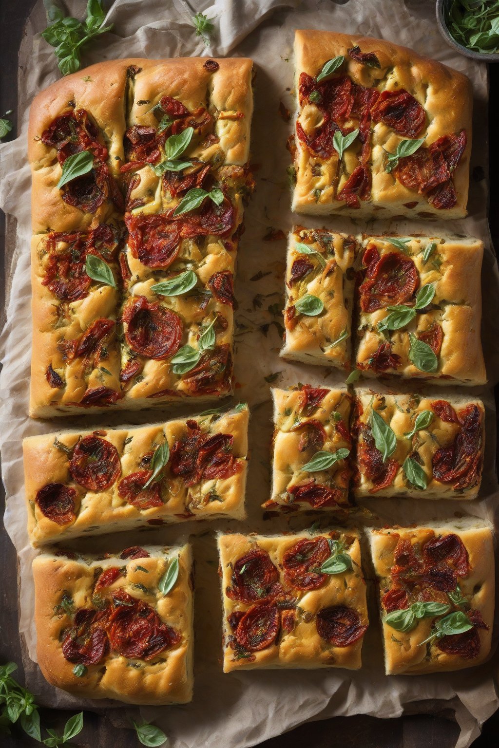 A high-resolution photo of sun-dried tomato and marjoram focaccia, rustic and colorful, under soft lighting.