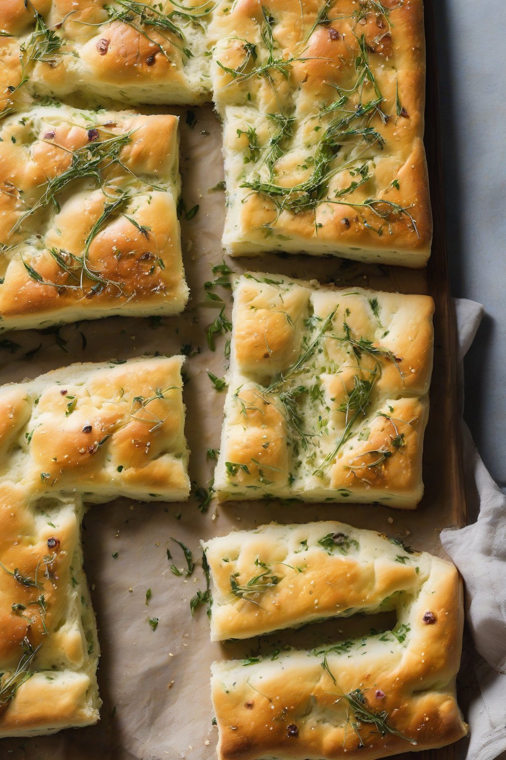 A high-resolution photo of chive-flecked ricotta focaccia, creamy and fresh, under soft lighting.