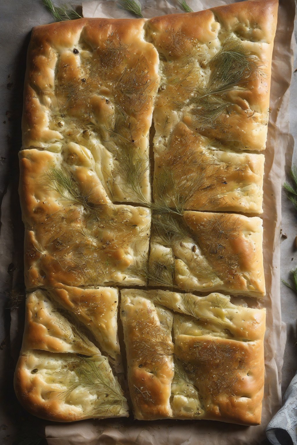 A high-resolution photo of fennel and dill focaccia, seeds glistening, under soft lighting.