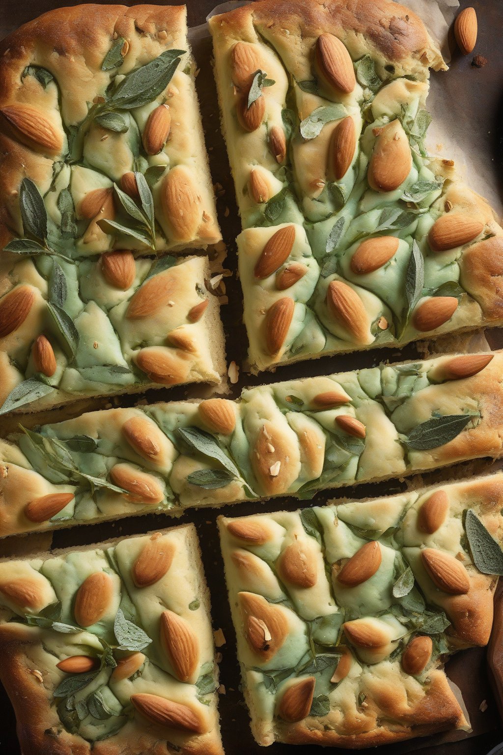 A high-resolution photo of minty almond focaccia, textured and inviting, under soft lighting.
