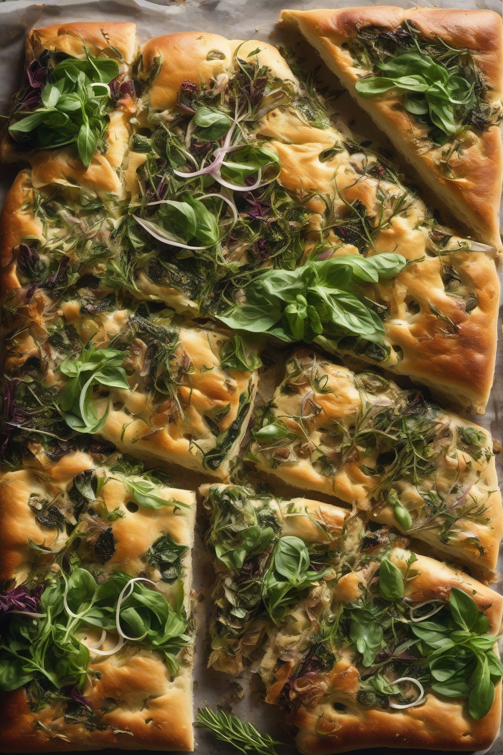 A high-resolution photo of colorful mixed herb focaccia, overflowing with greens, under soft lighting.
