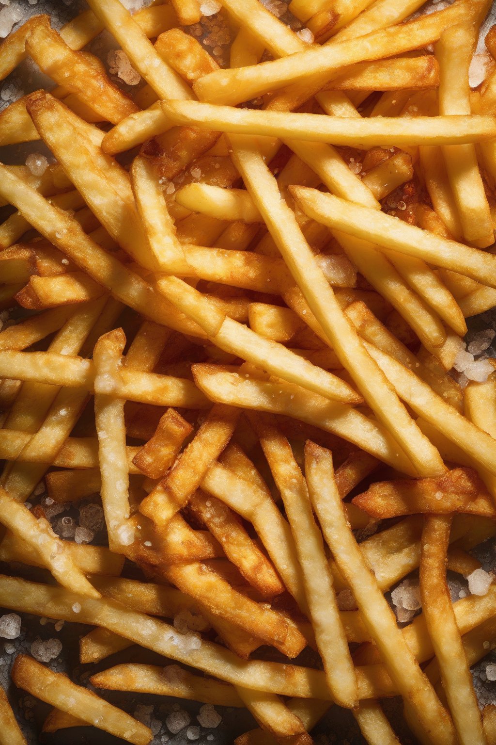 A high-resolution close-up photo of golden classic French fries piled high, glistening with oil and sprinkled with sea salt, under soft lighting.
