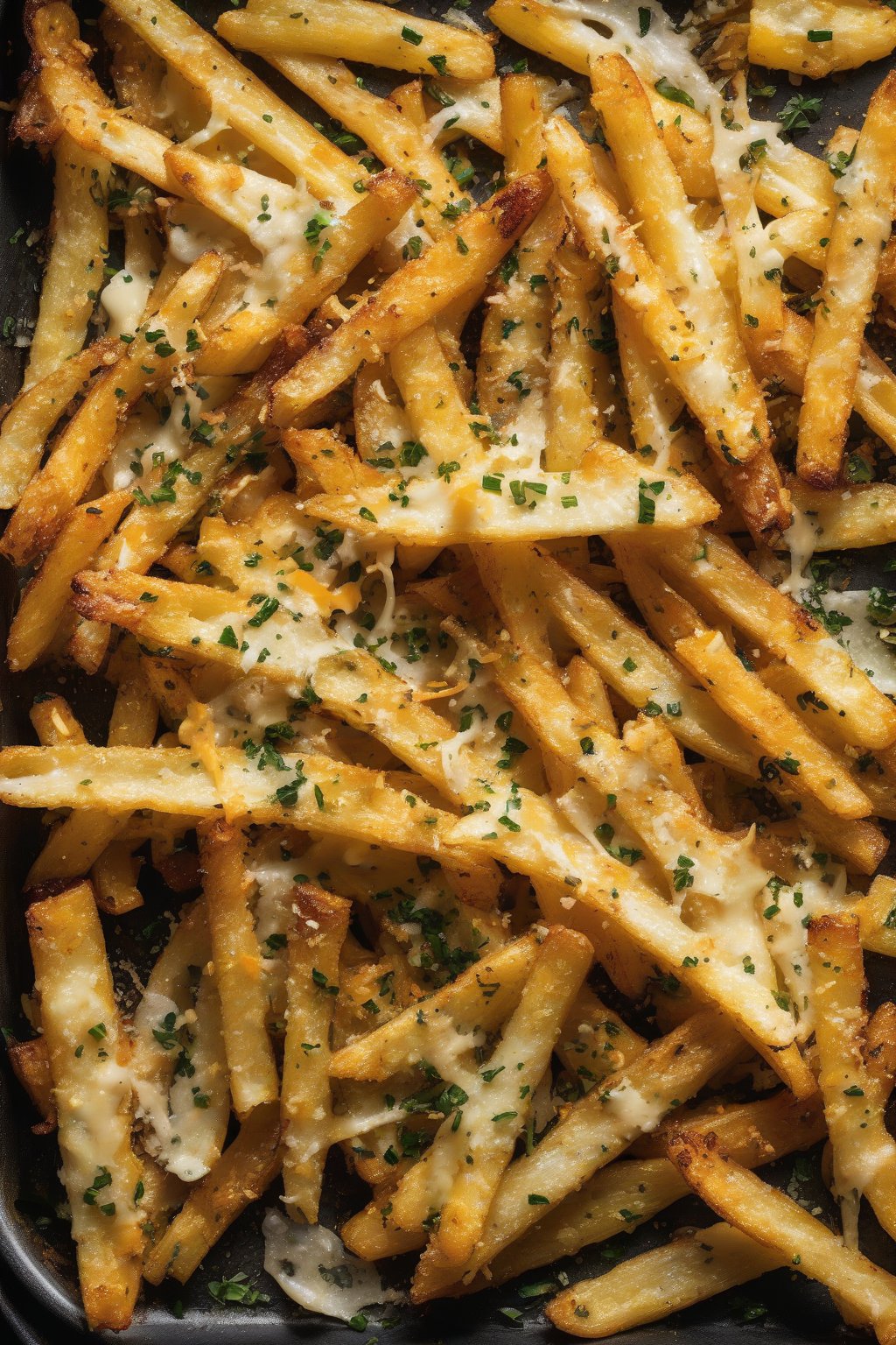 A high-resolution close-up photo of oven-baked garlic Parmesan fries with cheesy flecks and golden edges, under soft lighting.