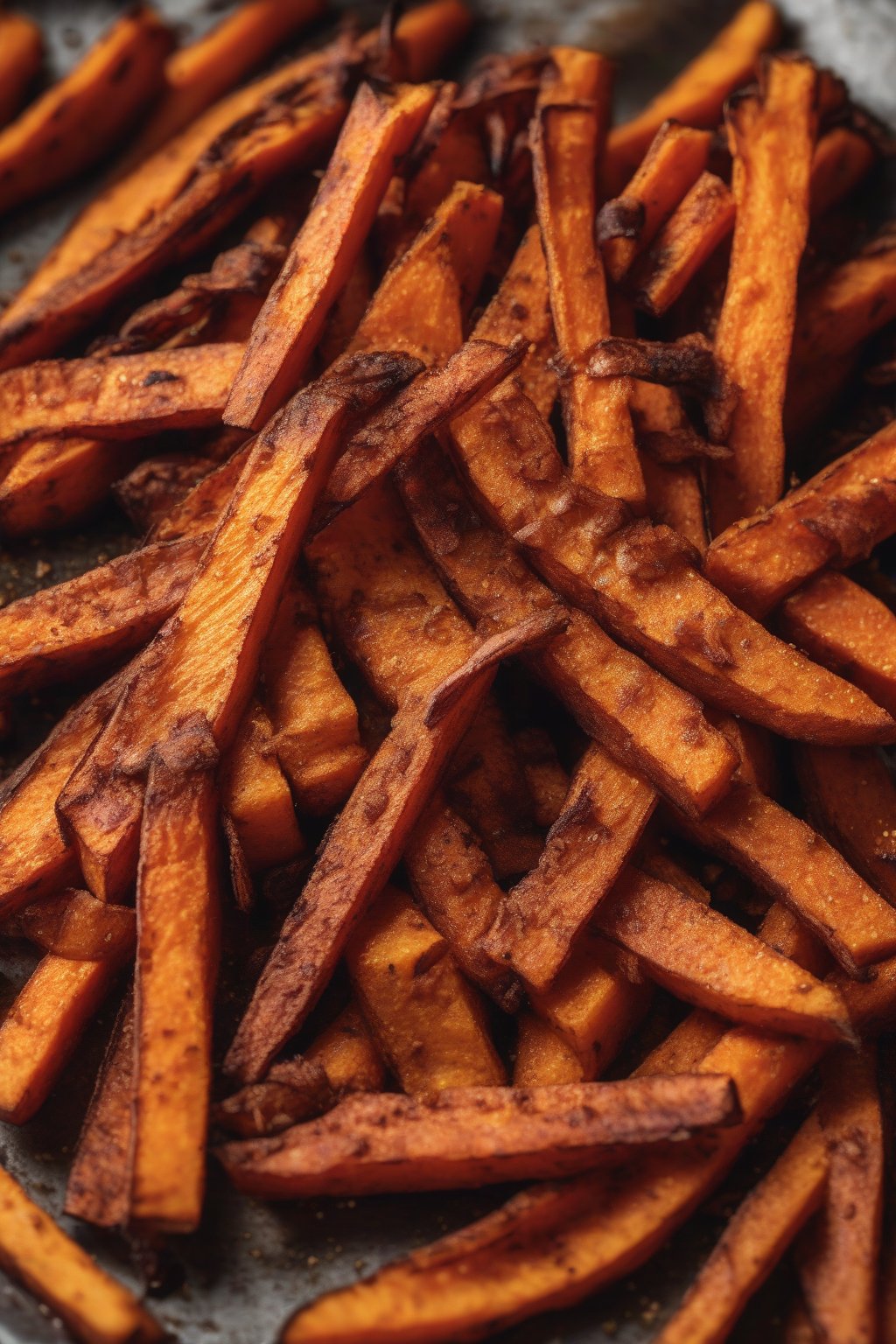 A high-resolution close-up photo of cinnamon-dusted sweet potato fries with caramelized tips, under soft lighting.