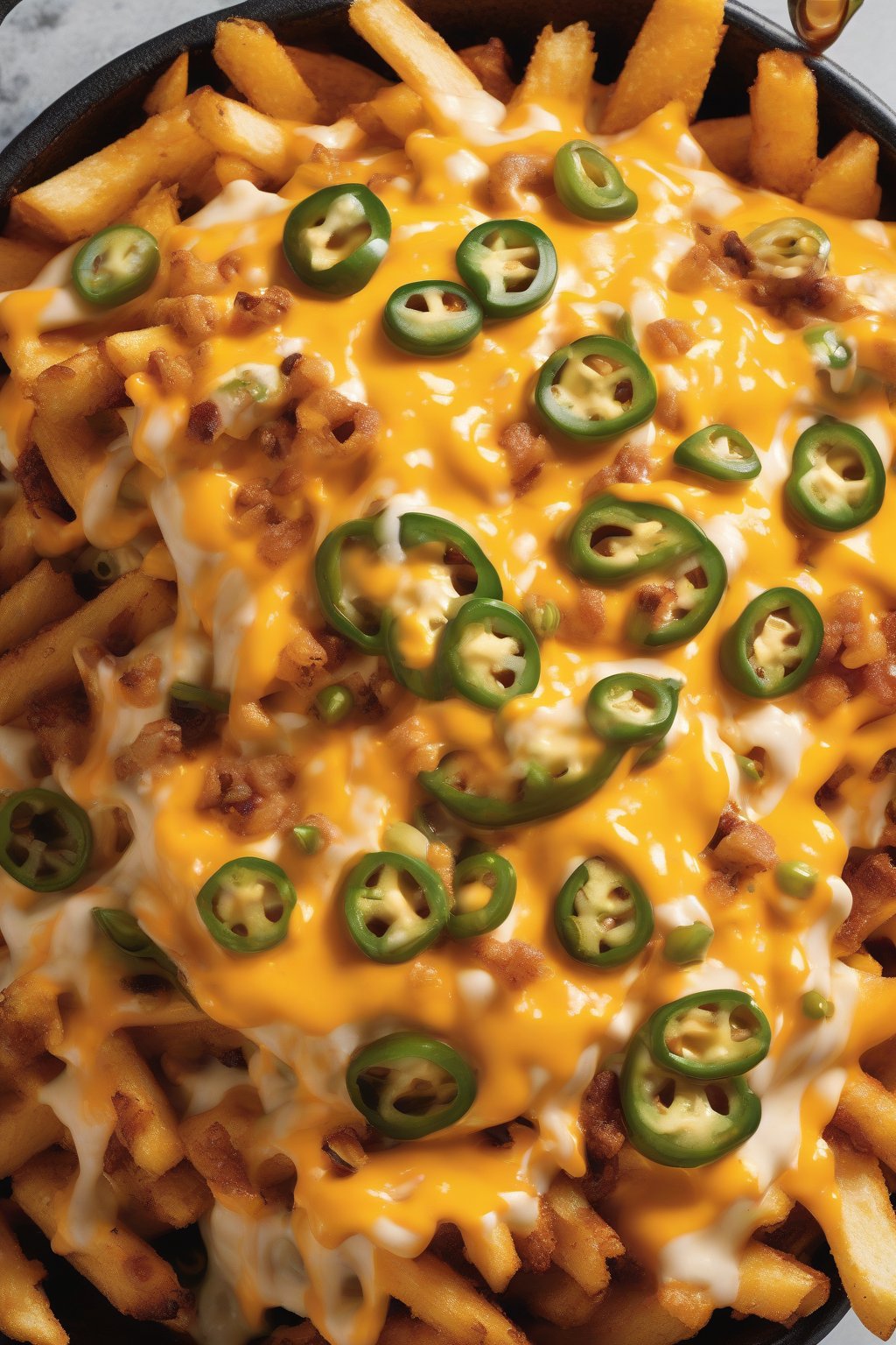 A high-resolution close-up photo of loaded nacho cheese fries oozing with melted cheddar and jalapeños, under soft lighting.