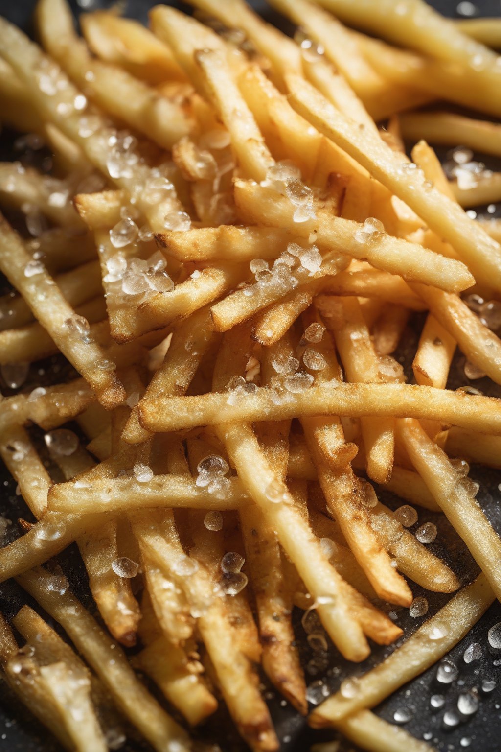 A high-resolution close-up photo of truffle oil French fries with glistening droplets and flaky sea salt crystals, under soft lighting.
