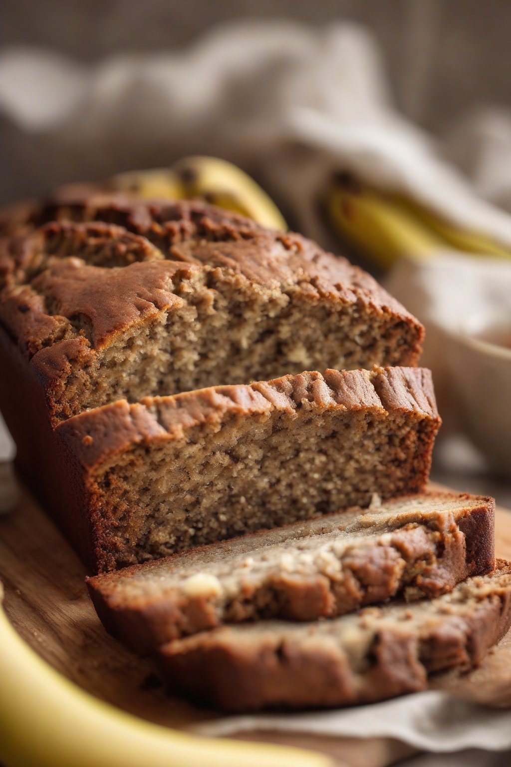 A high-resolution photo of gluten-free banana bread with a dense, moist crumb in a thick slice, under soft lighting.