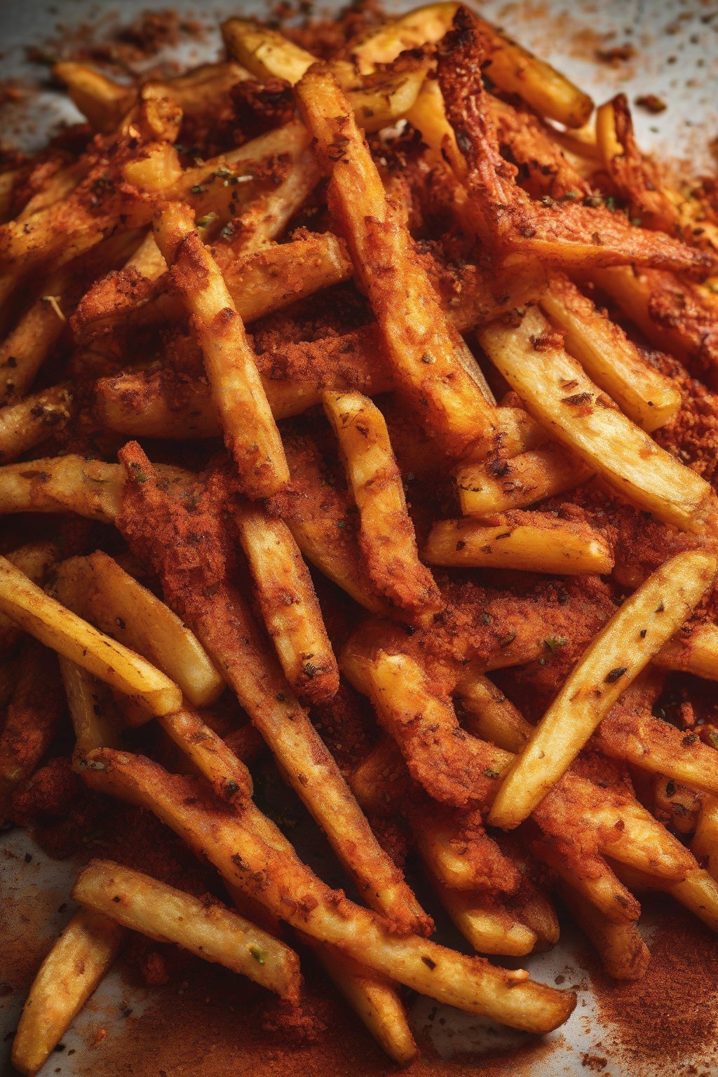 A high-resolution close-up photo of spicy Cajun fries dusted in red seasoning, steam rising slightly, under soft lighting.
