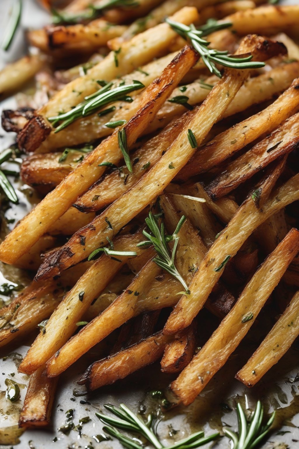 A high-resolution close-up photo of rosemary herb fries with green flecks and crispy skins, under soft lighting.