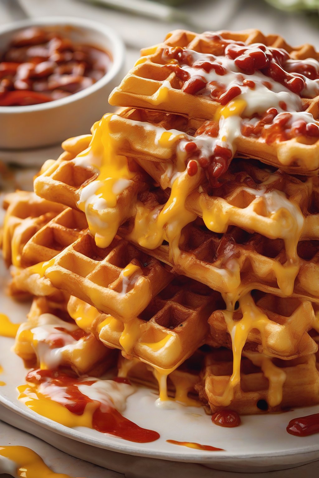 A high-resolution close-up photo of chili cheese waffle fries with melted cheese and chili oozing into ridges, under soft lighting.