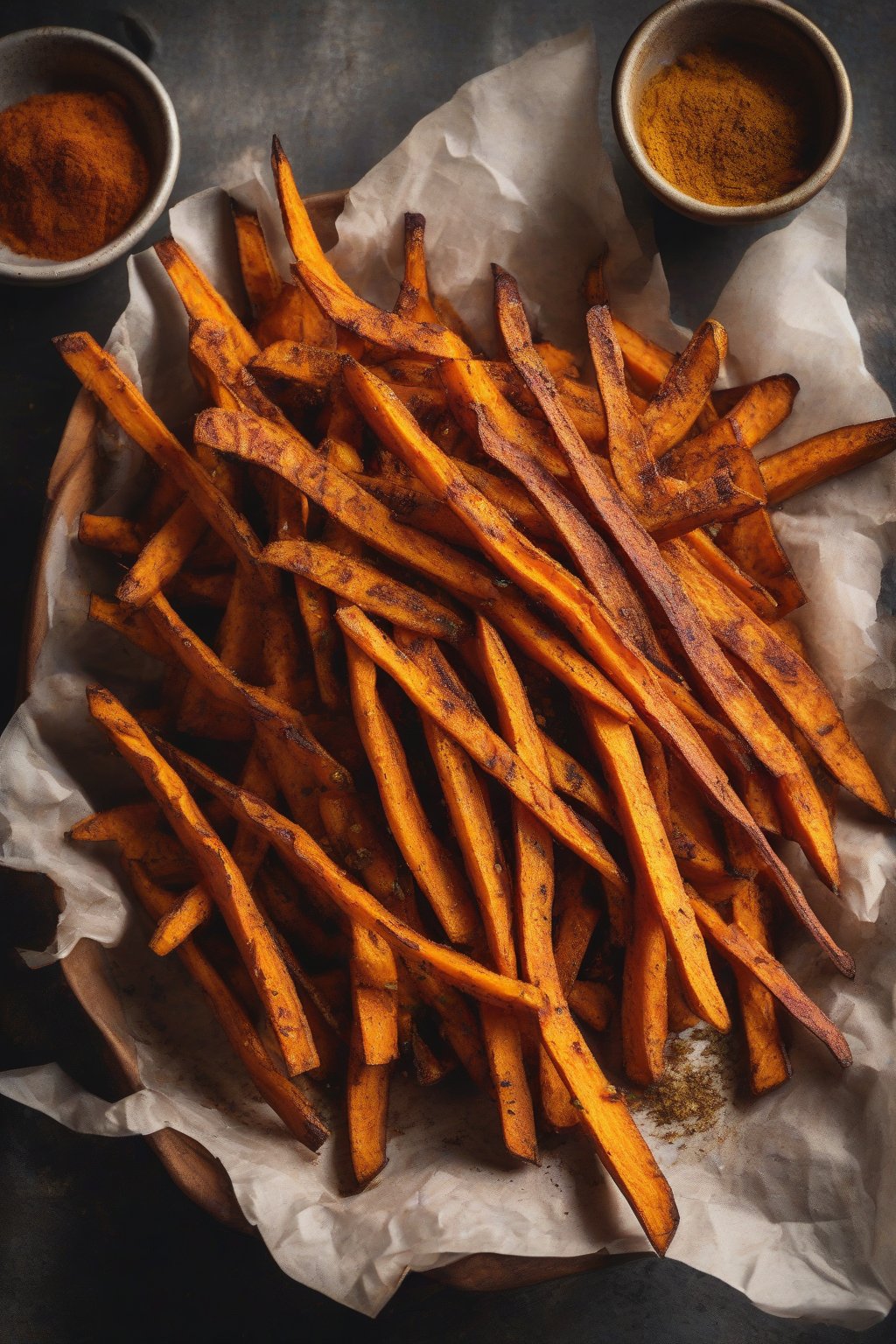 A high-resolution close-up photo of golden curry-spiced sweet potato fries with warm spice dusting, under soft lighting.