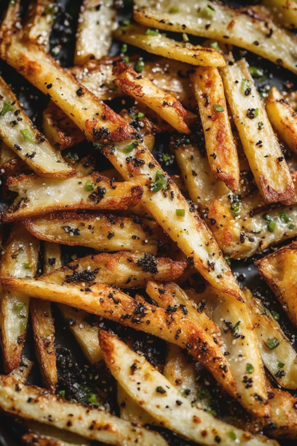 A high-resolution close-up photo of air fryer Parmesan pepper fries with bold black pepper flecks, under soft lighting.