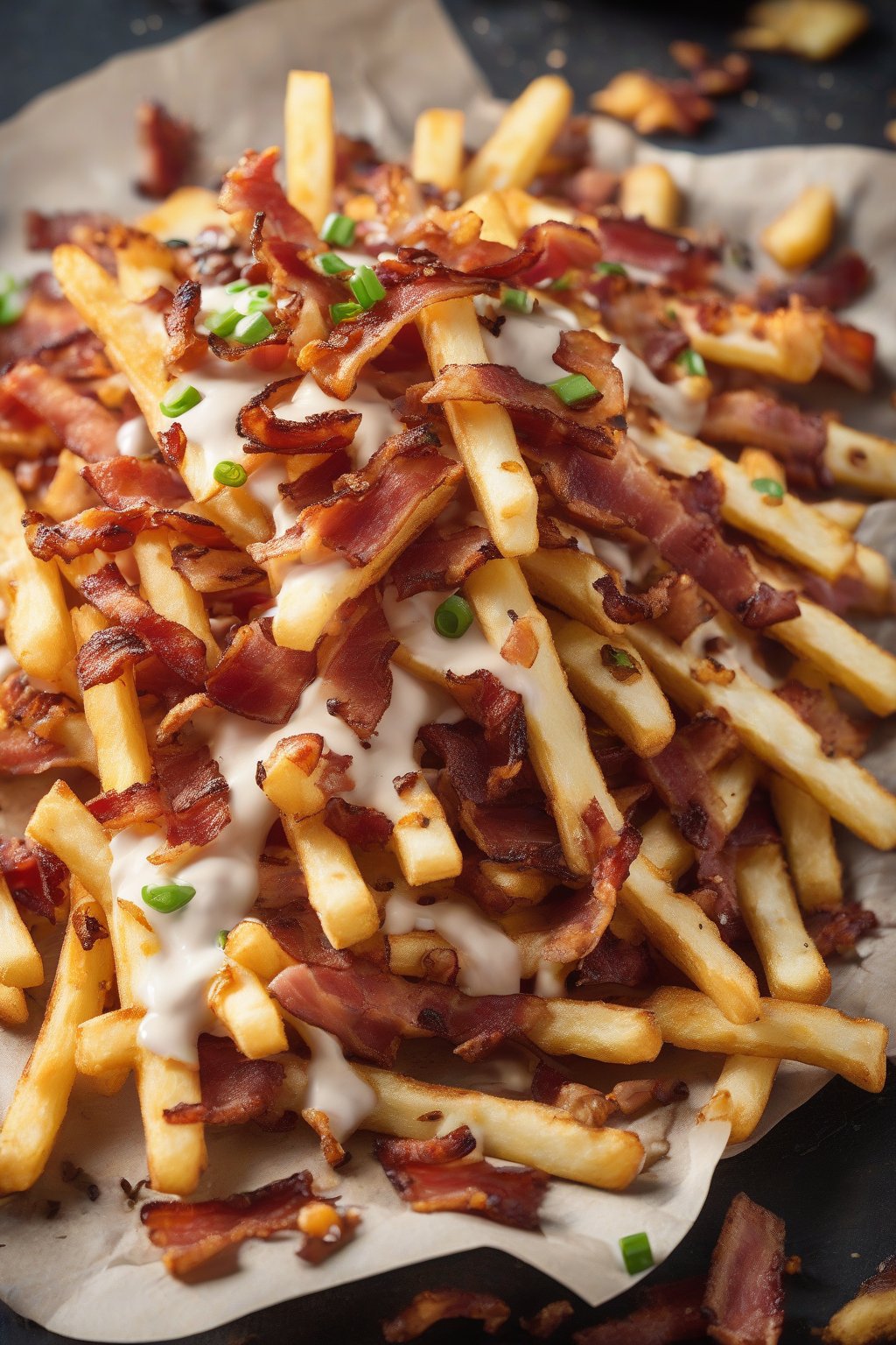 A high-resolution close-up photo of BBQ bacon ranch fries with drizzles and crispy bacon bits, under soft lighting.