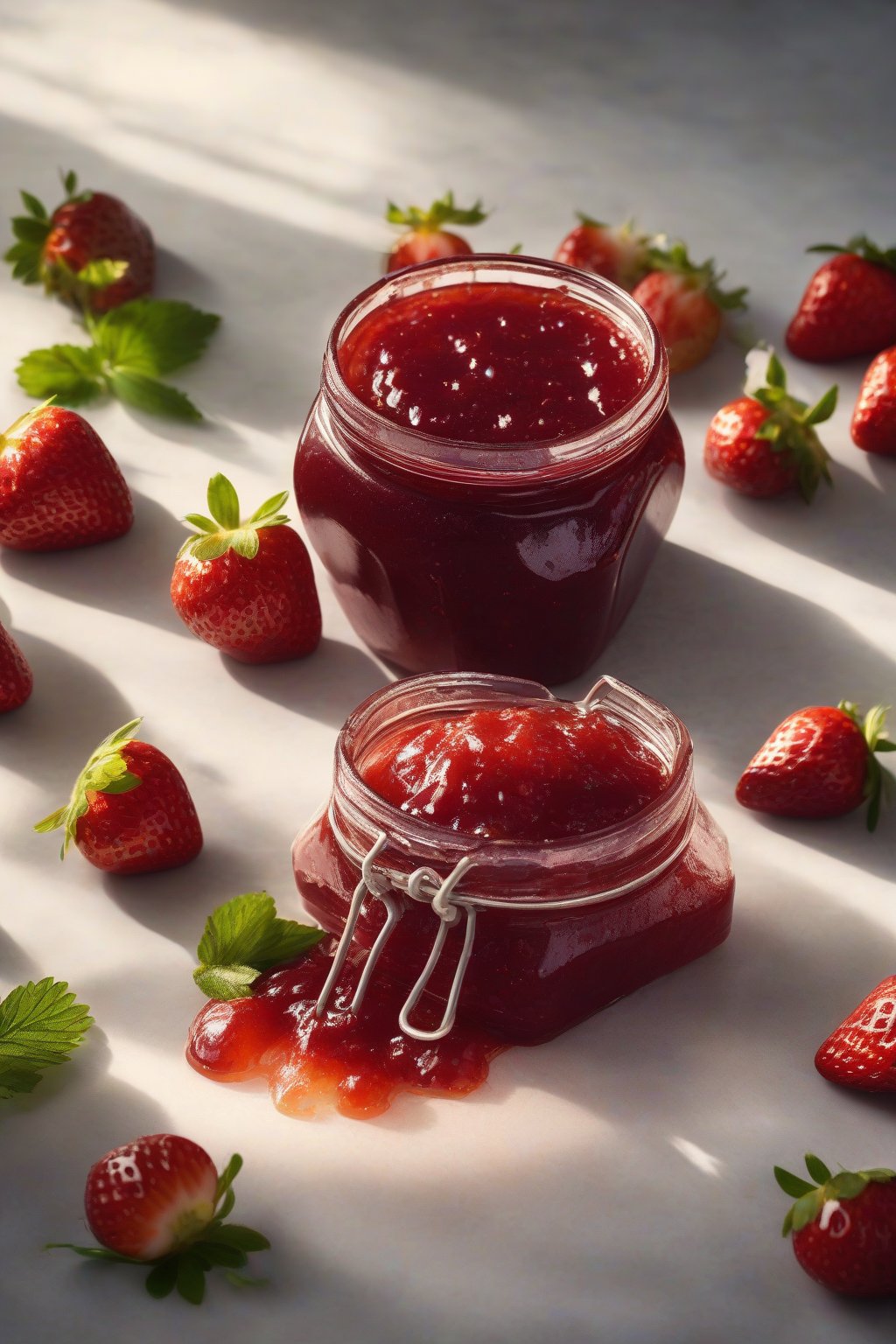 A high-resolution photo of classic strawberry jam in a glass jar with fresh strawberries scattered around, glistening under soft lighting.