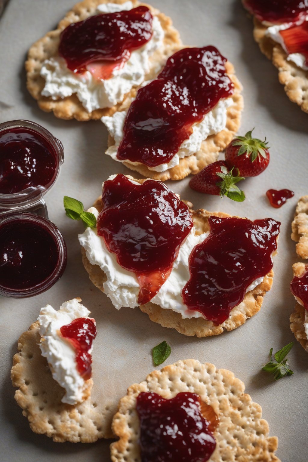 A high-resolution photo of strawberry balsamic jam drizzled over goat cheese on a cracker, under soft lighting.