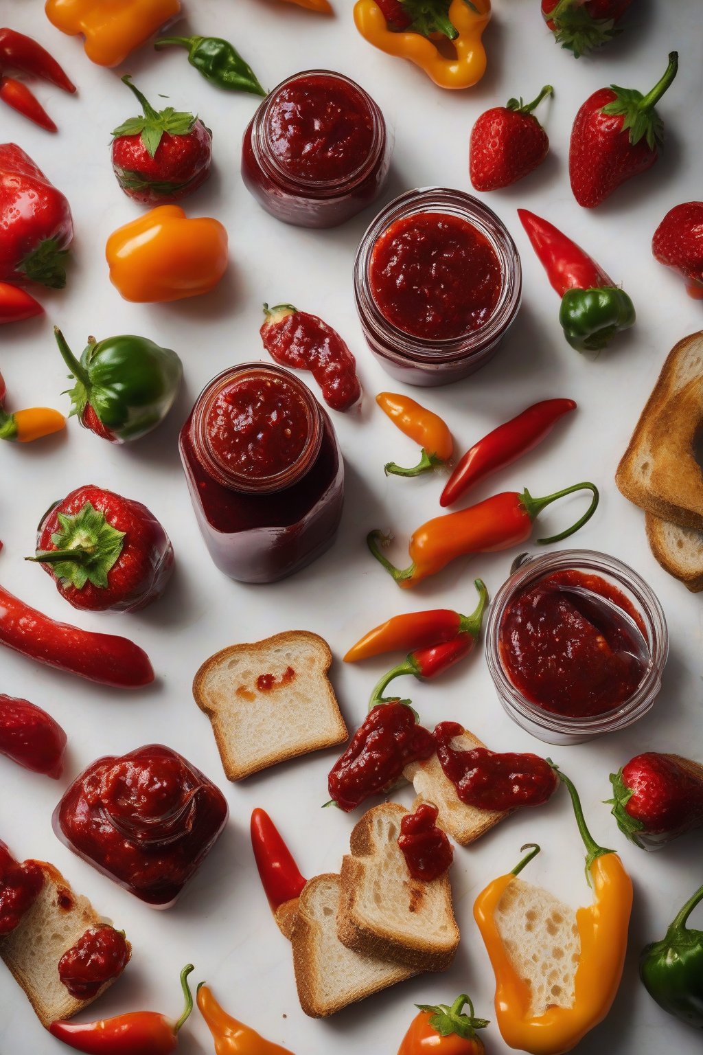 A high-resolution photo of spicy strawberry habanero jam in a jar next to sliced peppers and toast, under soft lighting.