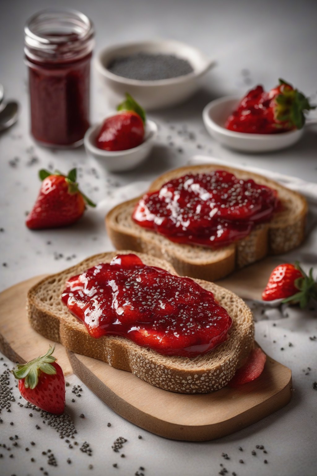 A high-resolution photo of low-sugar strawberry jam on whole-grain toast with chia seeds visible, under soft lighting.