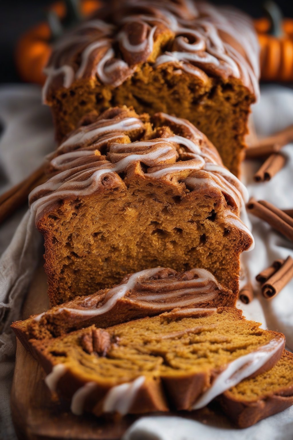 A high-resolution close-up photo of cinnamon swirl pumpkin bread cut to show gooey cinnamon ribbons in moist crumb, under soft lighting.