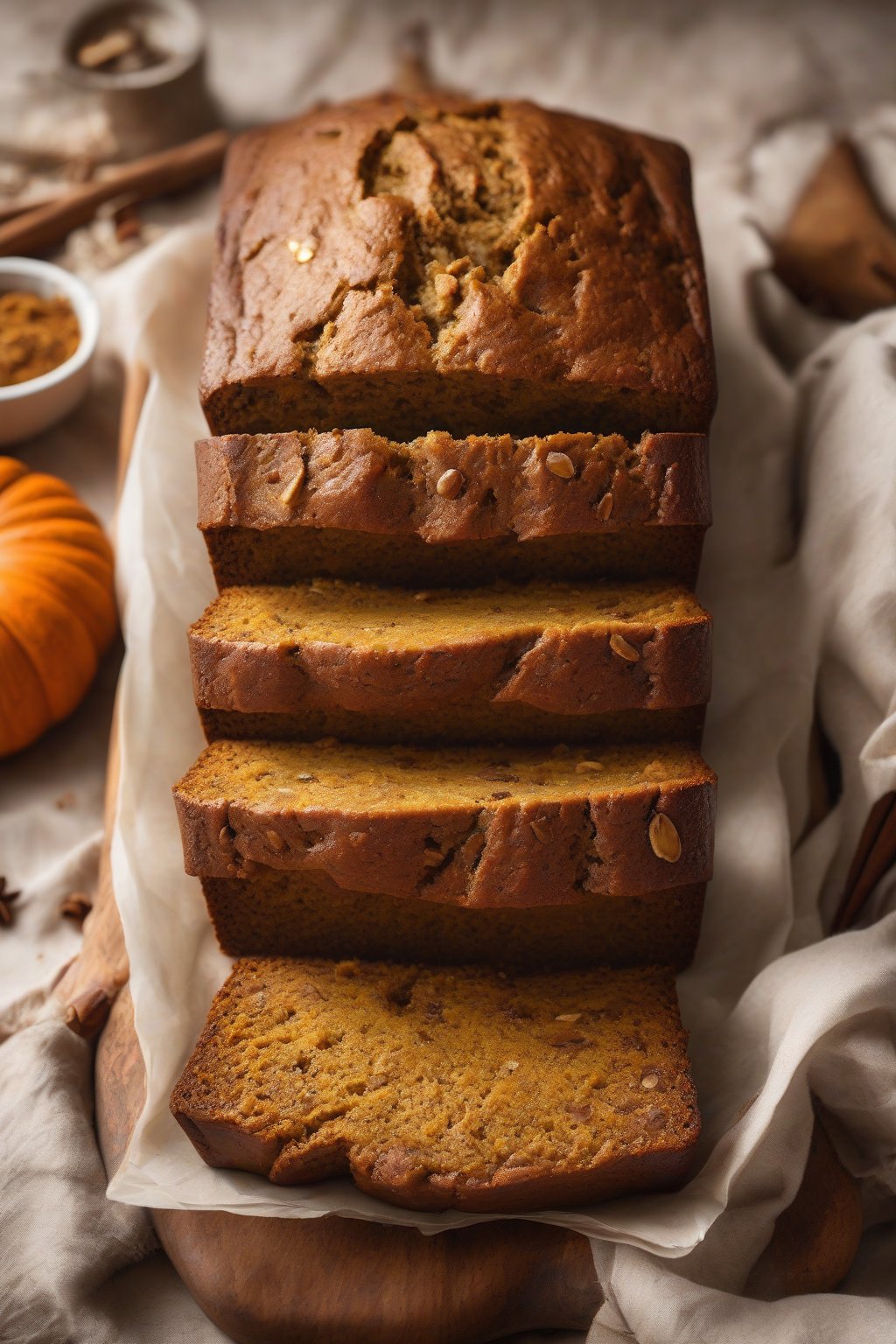 A high-resolution photo of pumpkin spice banana bread with warm orange hues and spice flecks, under soft lighting.