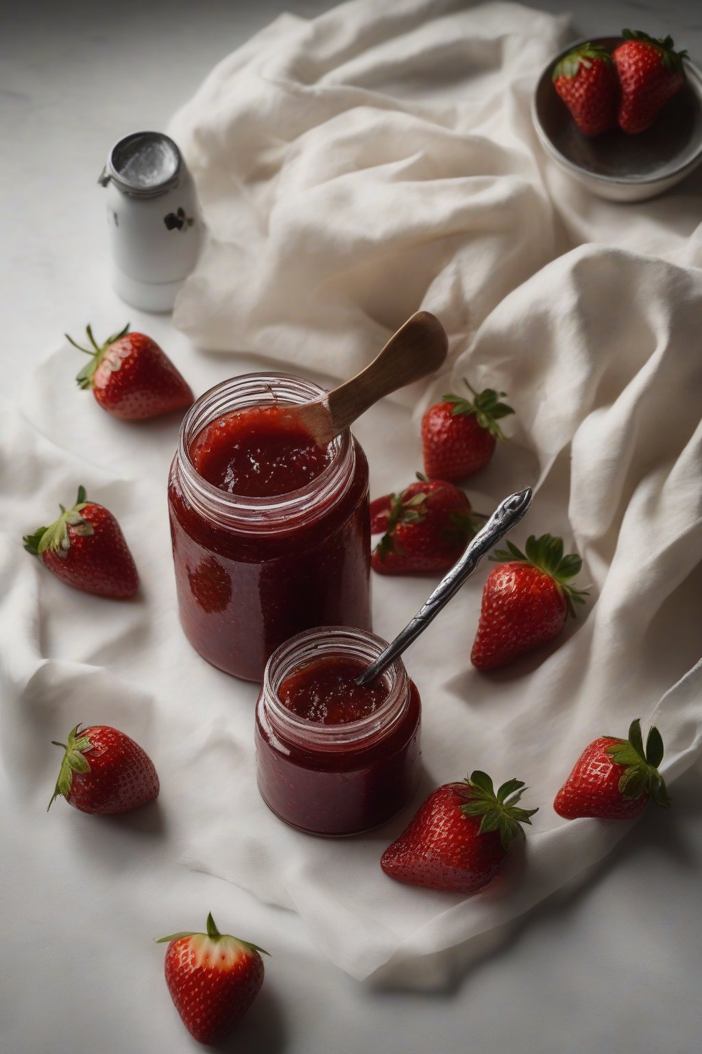 A high-resolution photo of strawberry vanilla bean jam with visible black specks in a jar, alongside vanilla pods, under soft lighting.