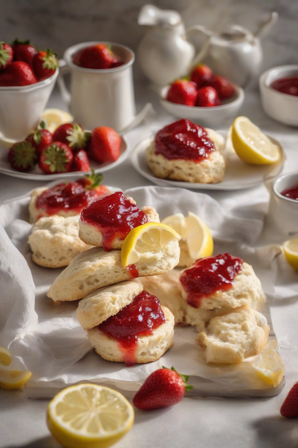 A high-resolution photo of strawberry lemon jam spread on scones with lemon slices, under soft lighting.
