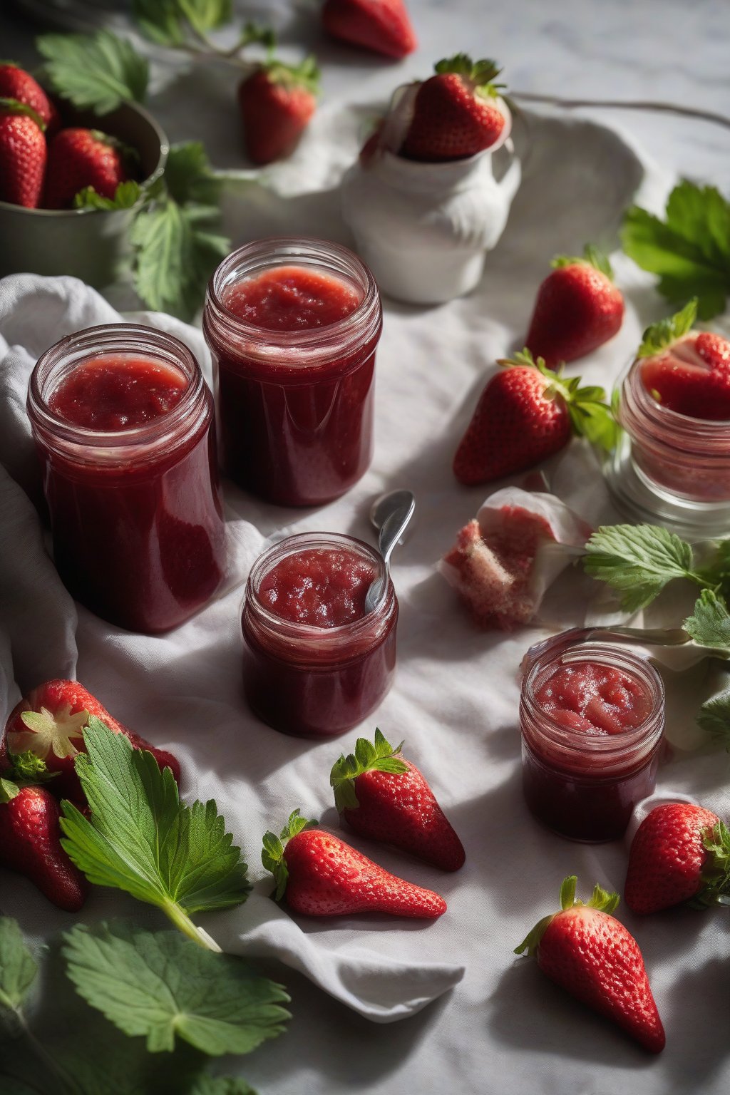 A high-resolution photo of strawberry rhubarb jam in jars with rhubarb stalks and berries, under soft lighting.