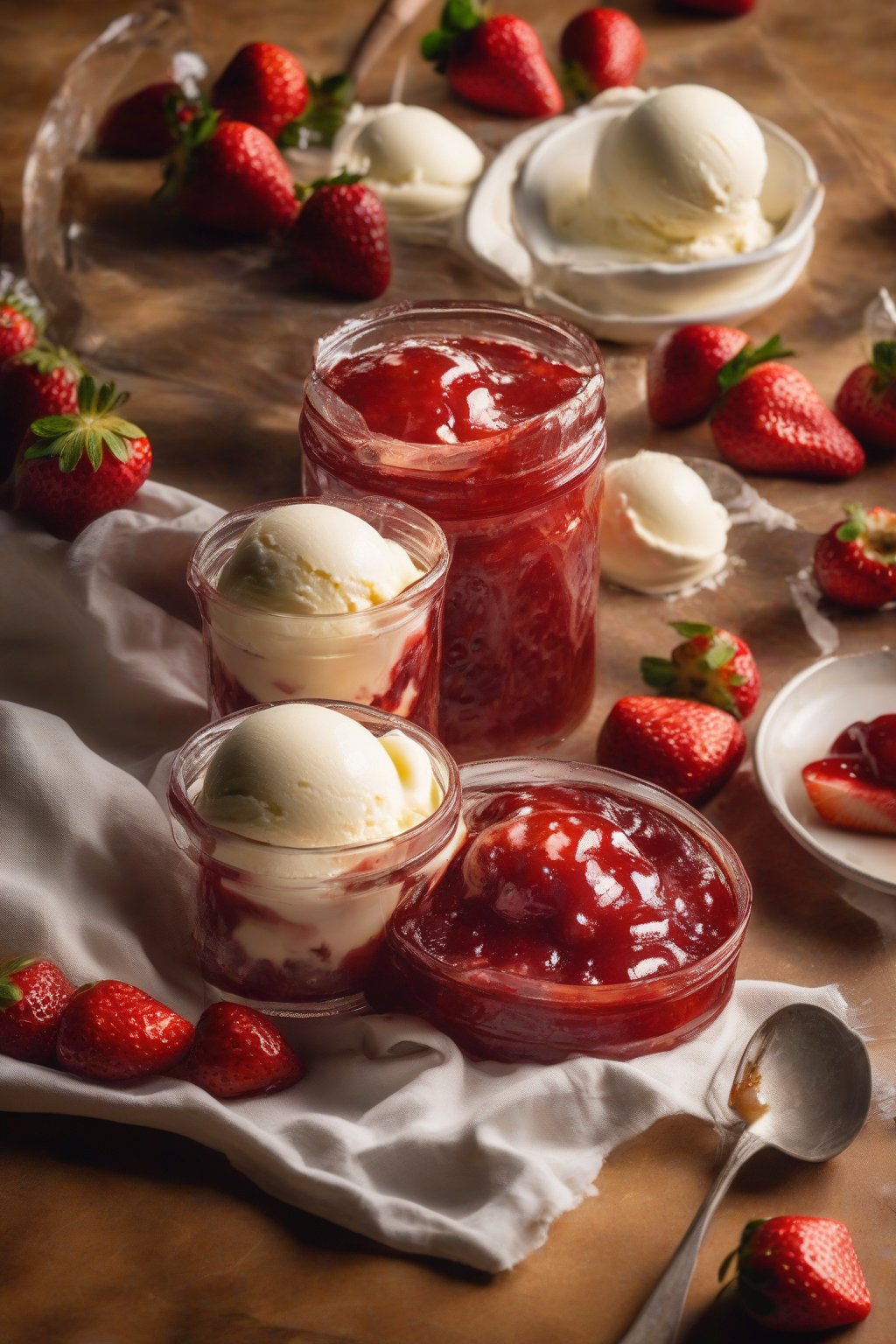 A high-resolution photo of strawberry bourbon jam poured over vanilla ice cream, under soft lighting.